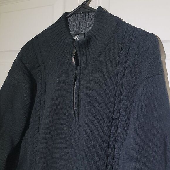 Calvin Klein Men's Black Long Sleeve Quarter Zip Cable Knit Sweater - Picture 2 of 7